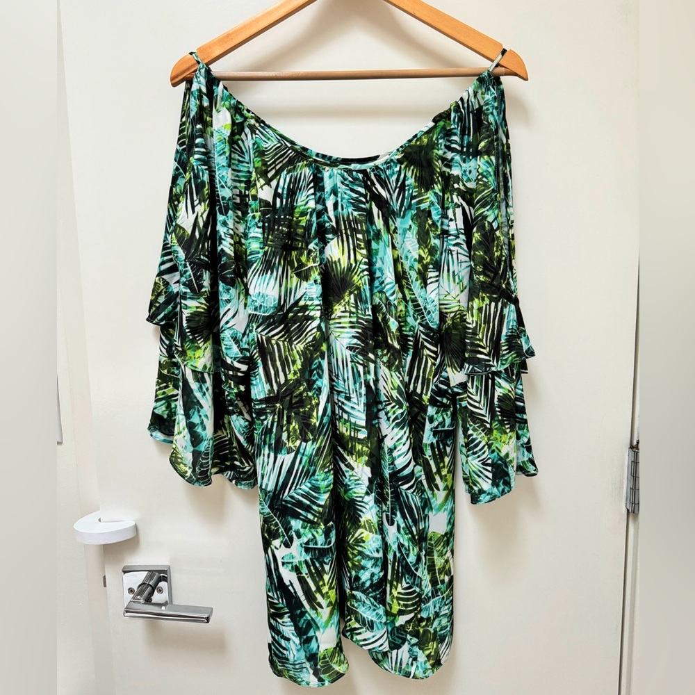 Parker tropical print flared bell sleeves cold shoulder mini dress in XS